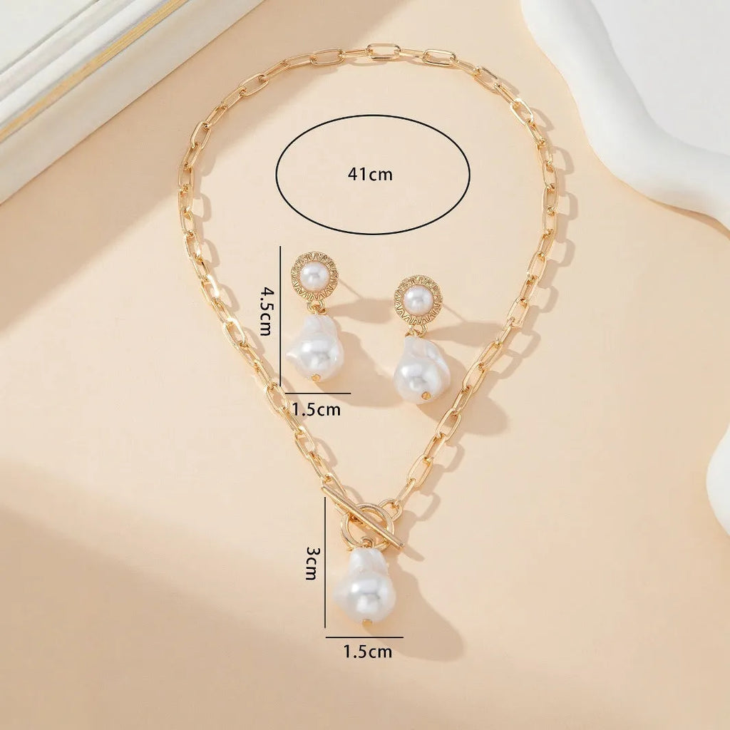 Gold colour retro baroque pearl necklace and earring jewellery set for women