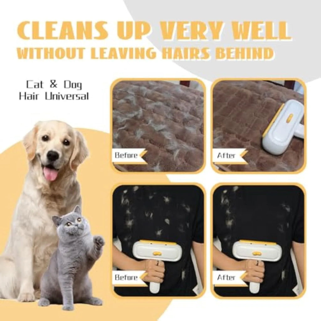 Yellow duck design portable pet hair remover brush with plastic handle and polyester bristles.