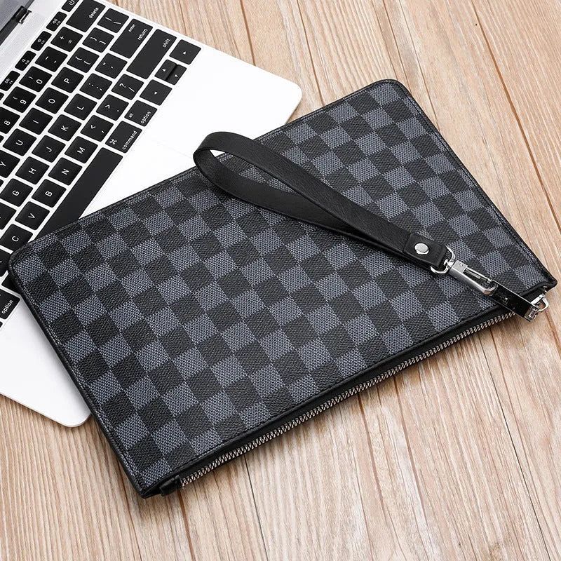 Men's black checkered PU leather business clutch wallet showing card slots and zipper pocket