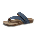 Blue flat toe ring flip-flops with a thick foam sole on a solid background.