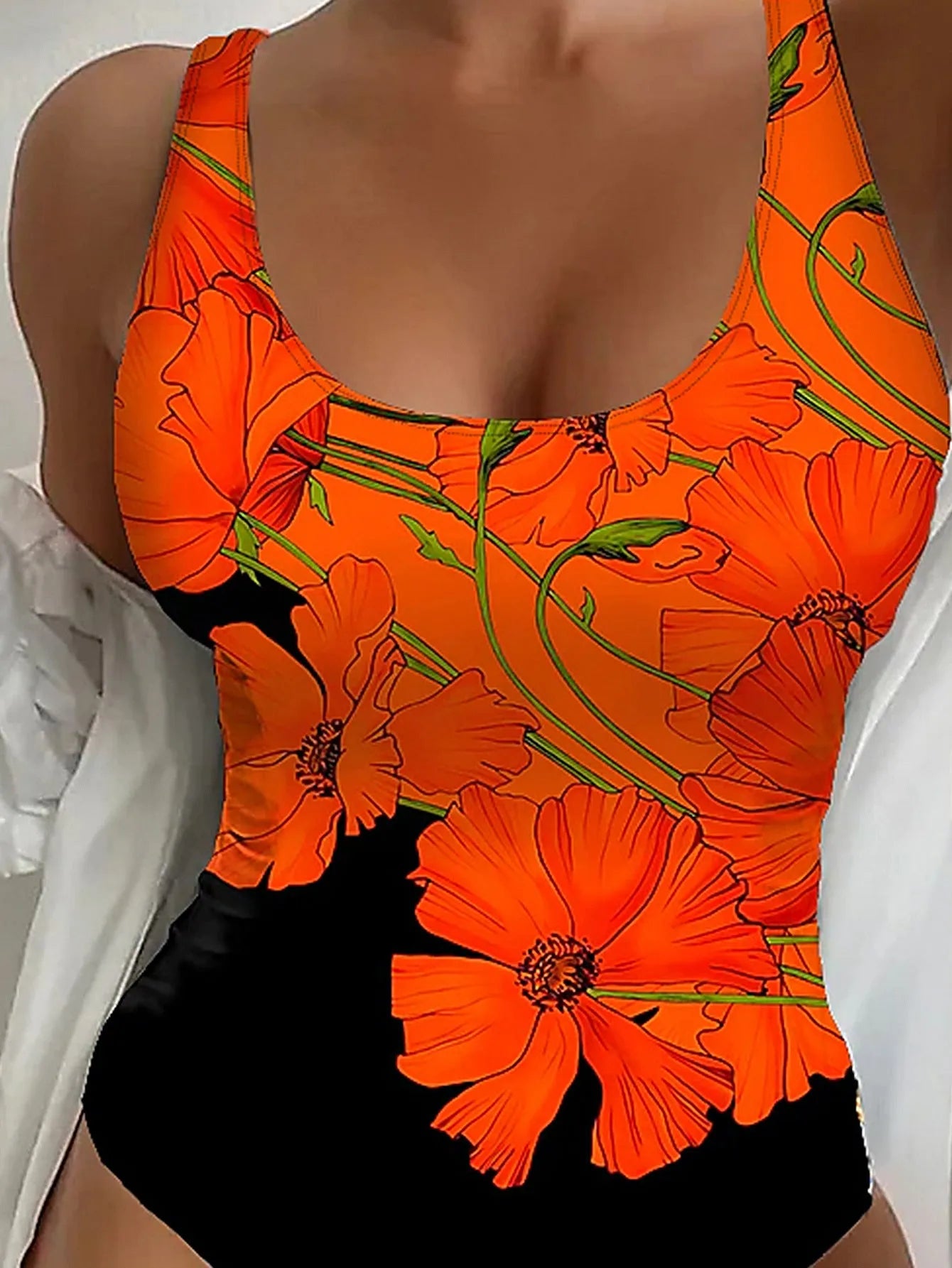 Orange flower print backless one-piece swimsuit in slim fit design