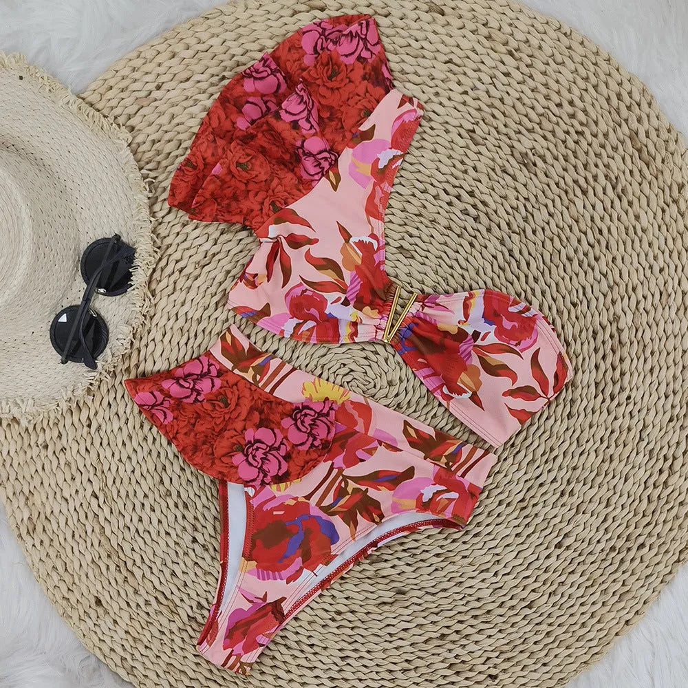 Women's one-shoulder ruffled bikini with printed floral pattern and high-waist briefs