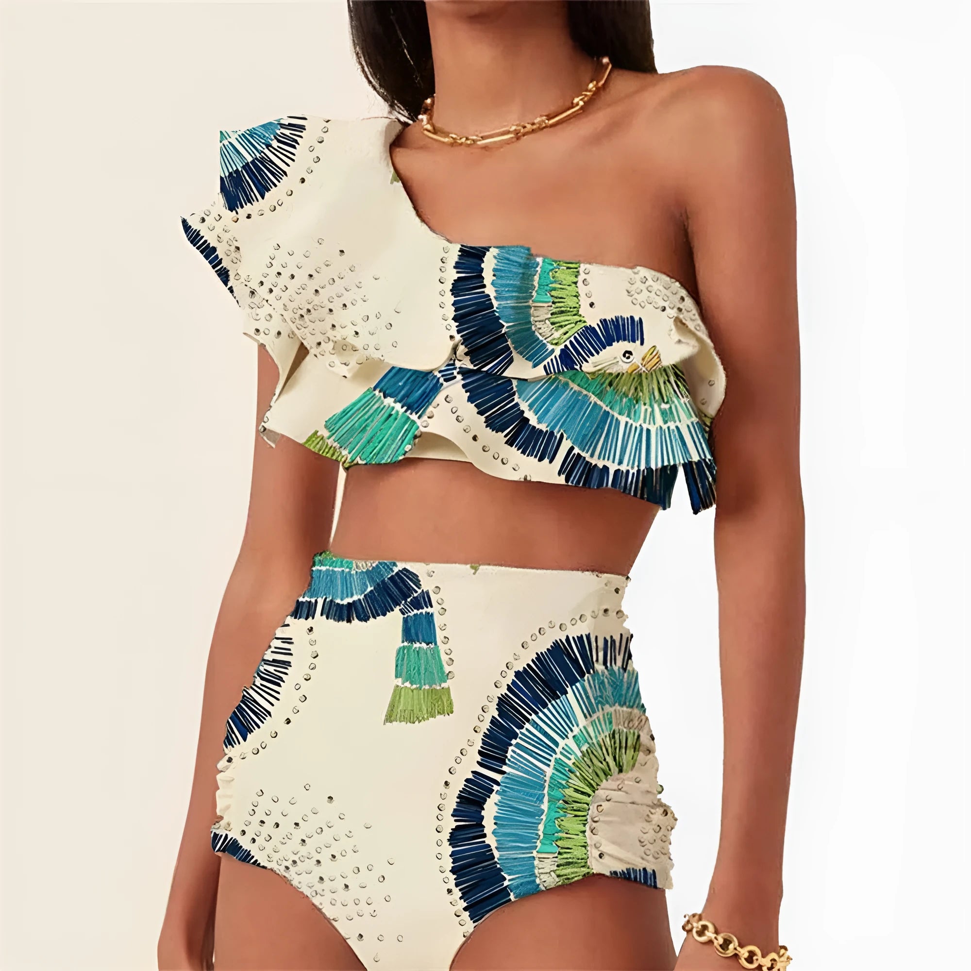 White women's one-shoulder swimsuit with lotus leaf detail and double-layer construction