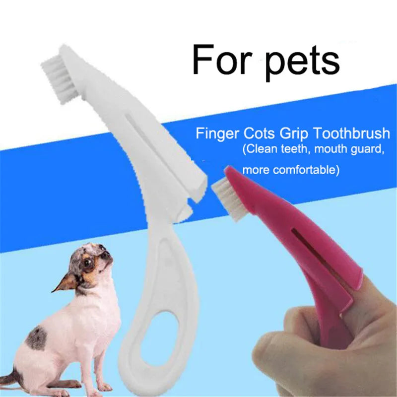 Red and white finger sleeve toothbrush for cleaning dog and cat teeth with soft silicone bristles.
