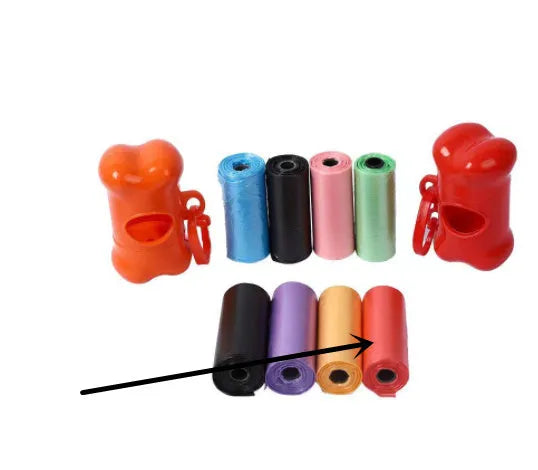 Set of five coloured dog waste poop bags showing black, blue, red, green, pink, and purple options.