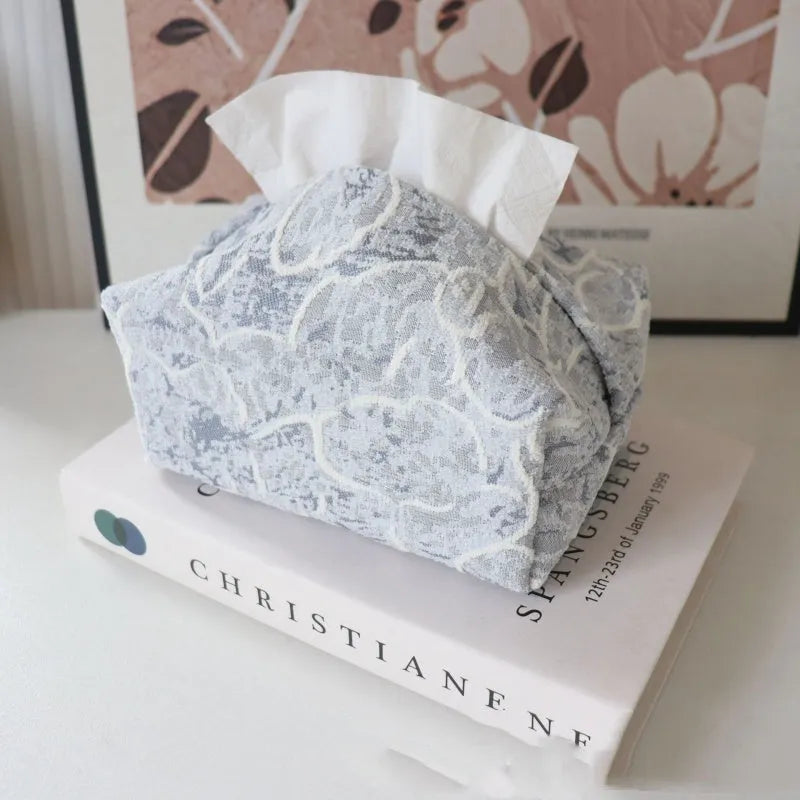 Chinese style pastoral rose fabric tissue box in cotton, 17cm long, shown in beige colour.