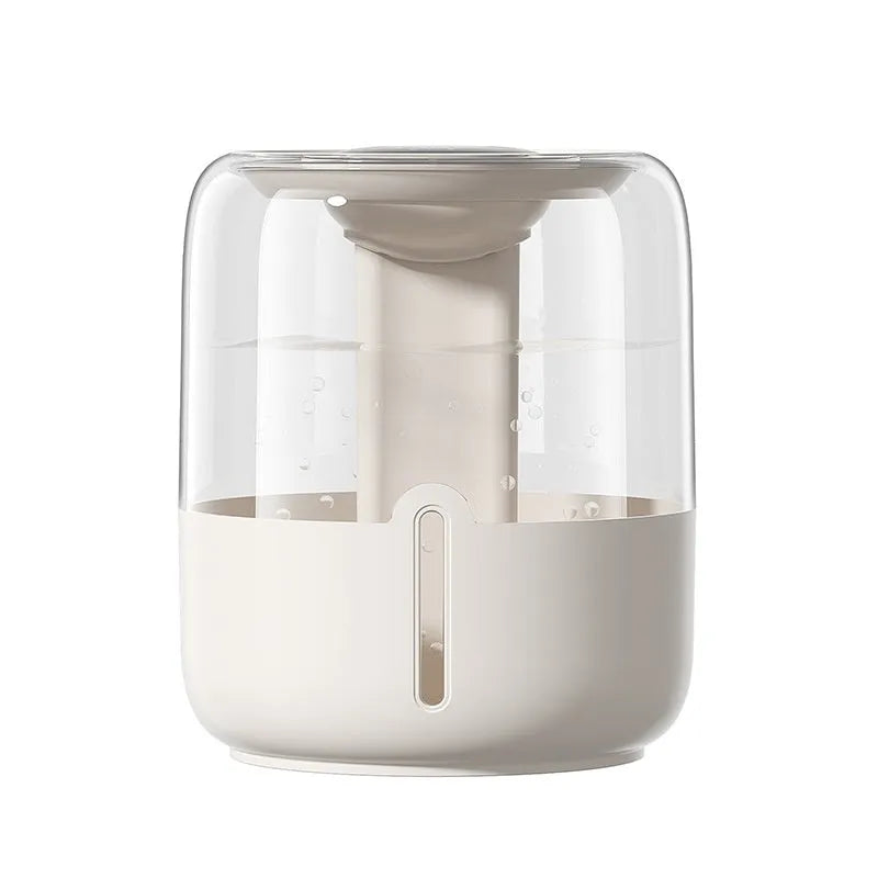 Beige round ultrasonic humidifier with USB port, dual spray nozzles, and display.