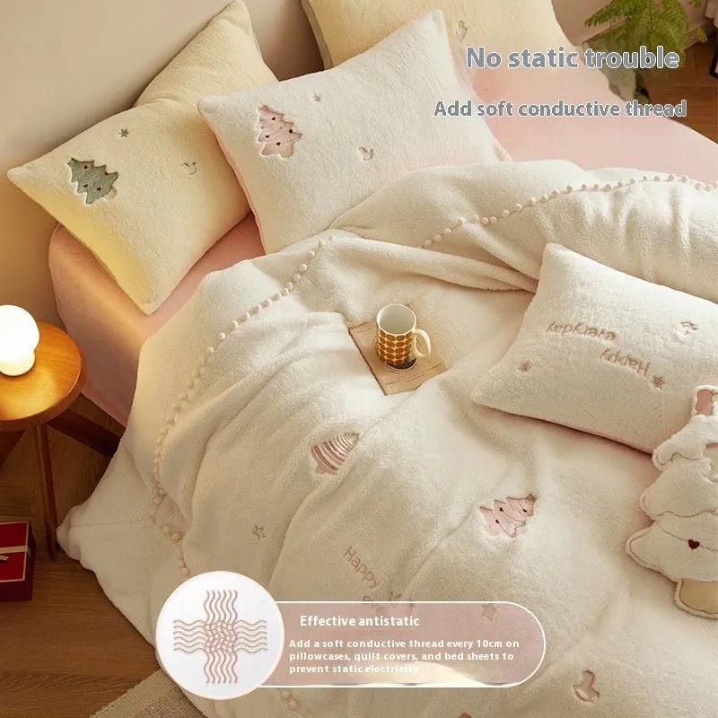 Winter milk fibre bedding four-piece set with Christmas tree pattern on quilt and pillowcases