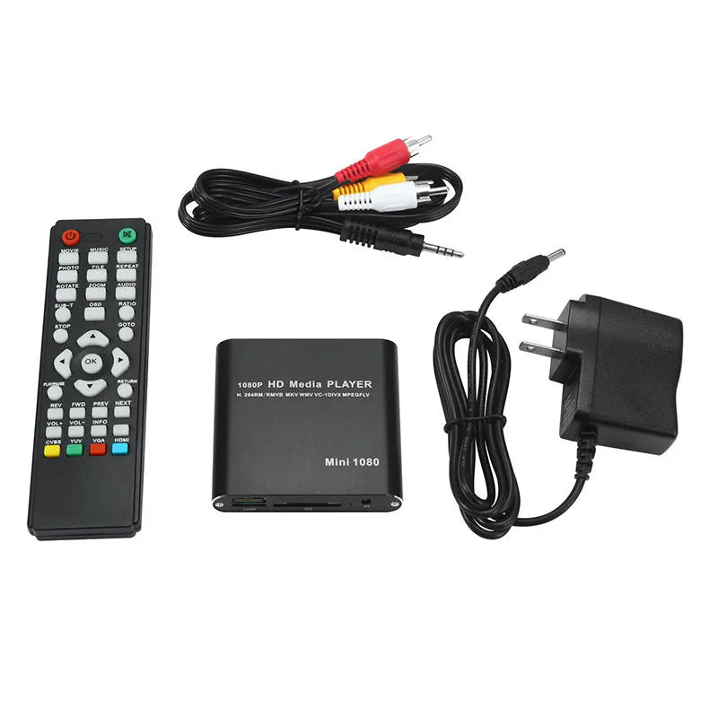 Compact black 1080p Full HD media player with HDMI port and remote control