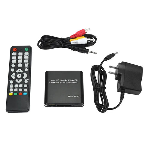 Compact black 1080p Full HD media player with HDMI port and remote control