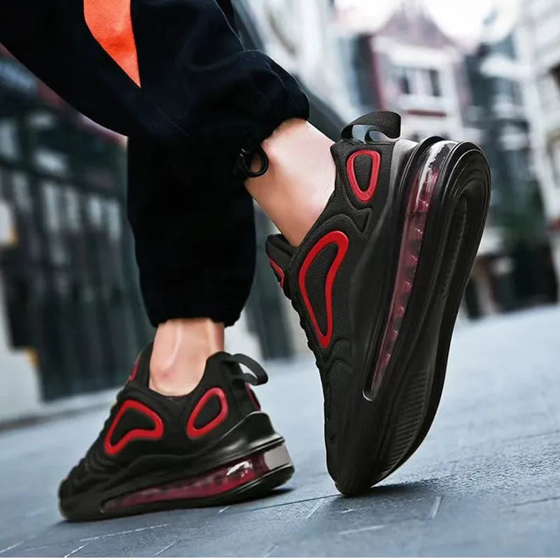 Men's black lace-up air cushion running shoes with a thick sole and round toe.