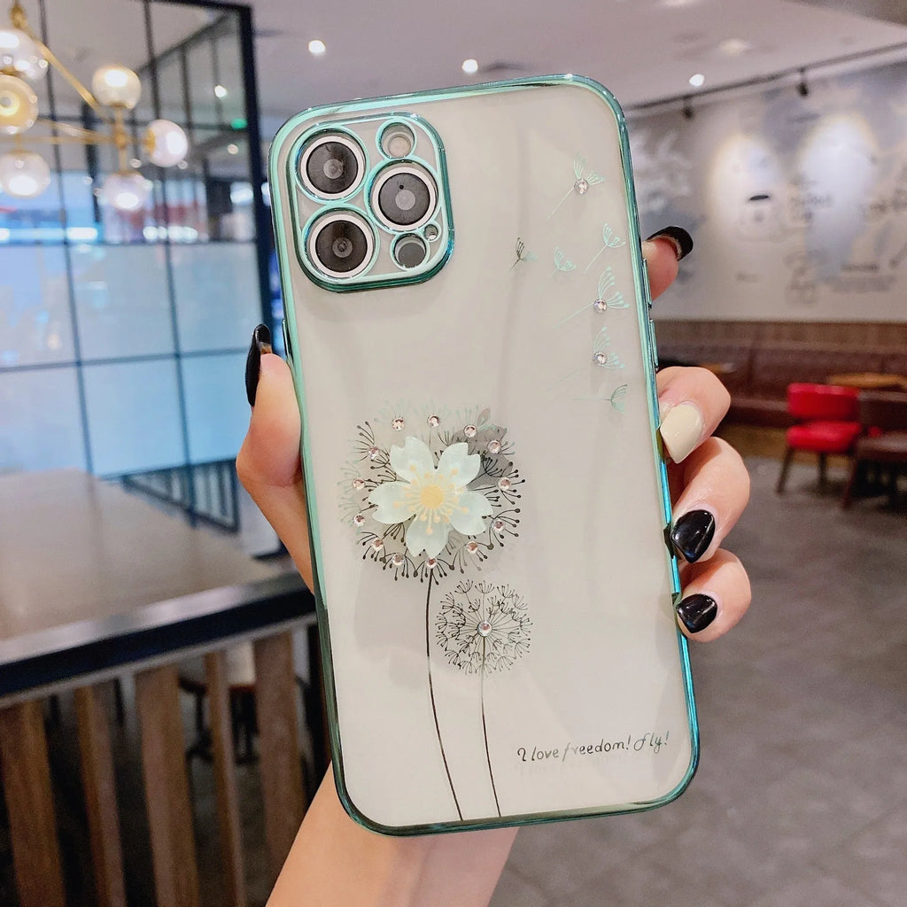 Green TPU iPhone case with a spinning 3D pink flower stand on the back