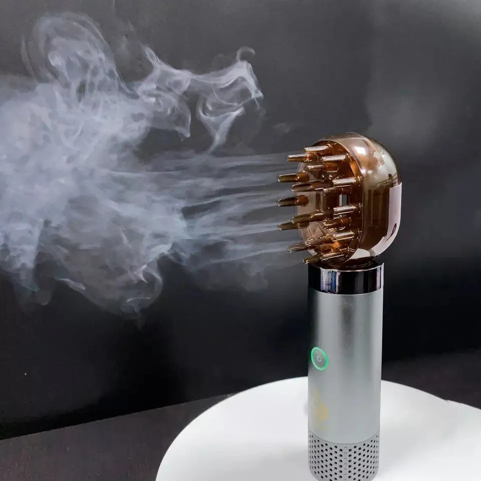 USB rechargeable Middle Eastern comb aromatherapy stove in silver, 14x5x4cm, on a car dashboard
