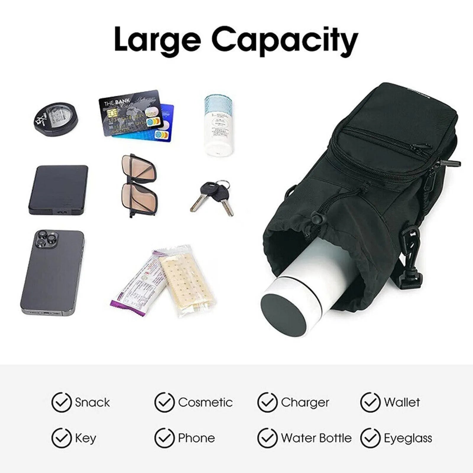 Cloth water bottle shoulder bag with adjustable crossbody strap in black, green, or pink