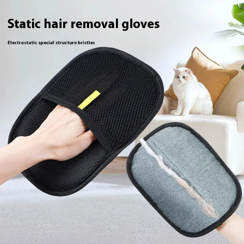 Black pet hair remover mitt with silicone bristles for dog and cat grooming