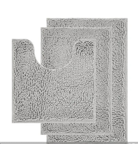 Chenille long hair three-piece bathroom carpet set with U-shaped toilet mat in green.