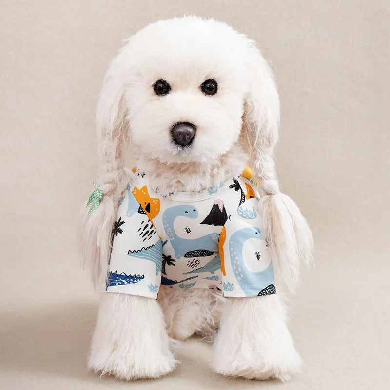 Polyester full printed t-shirt for small dogs showing colour options and weight-based sizing