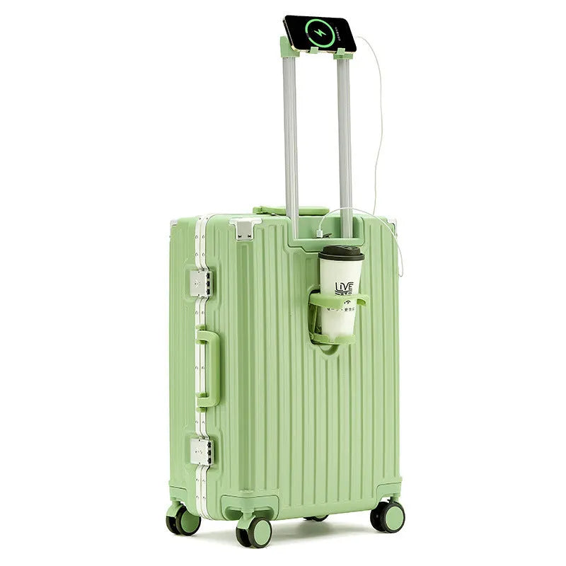 Aluminium frame trolley suitcase with USB port and universal wheels in avocado green colour.