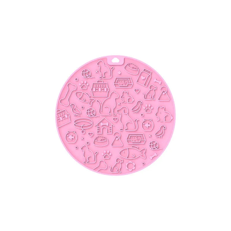 Round blue silicone pet licking mat with textured surface and white sucker on reverse.