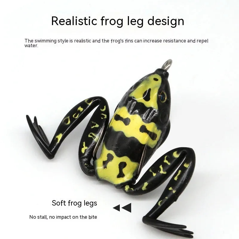 Bionic frog fishing lure with snake head pattern and double hooks in grass green colour