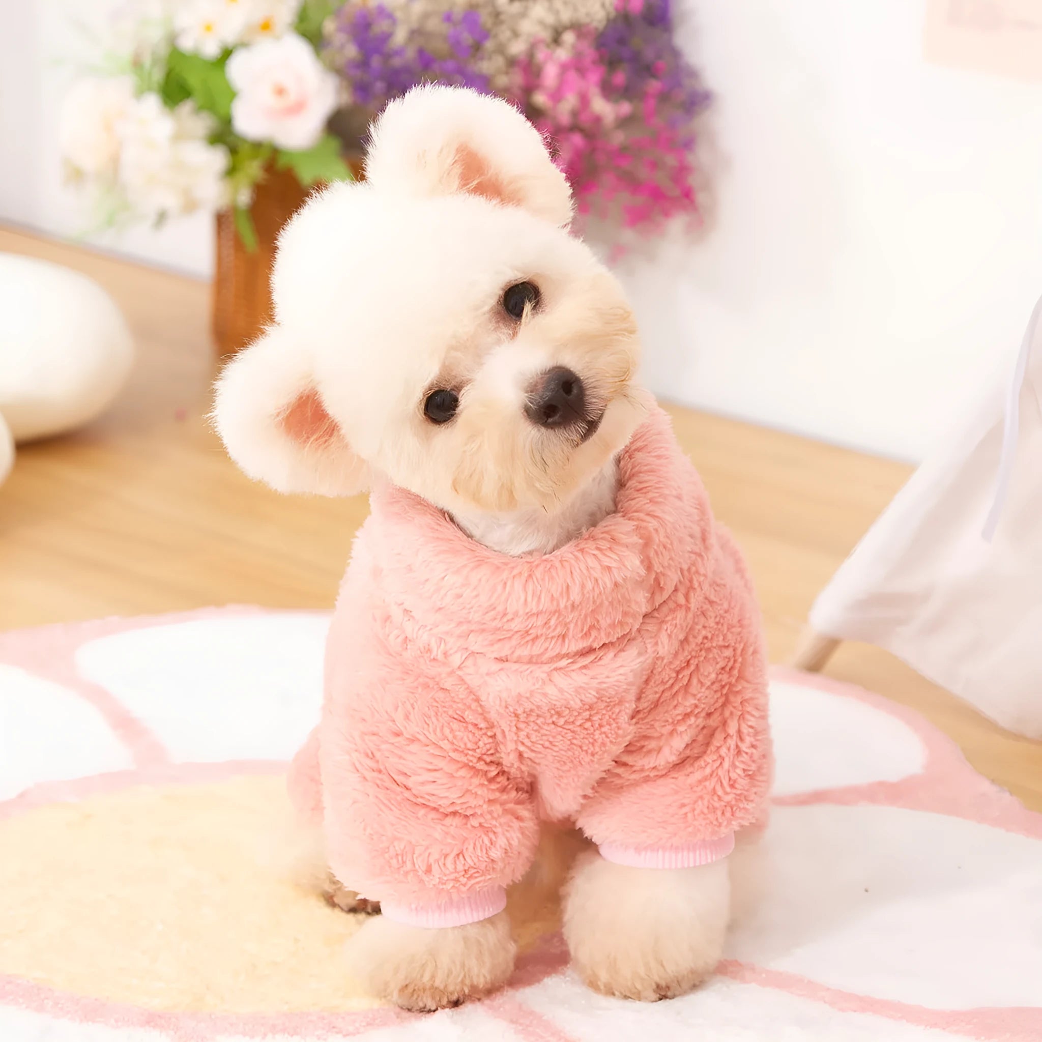 A khaki double-sided plush four-legged dog coat with a high collar and a metal towing ring on the back.