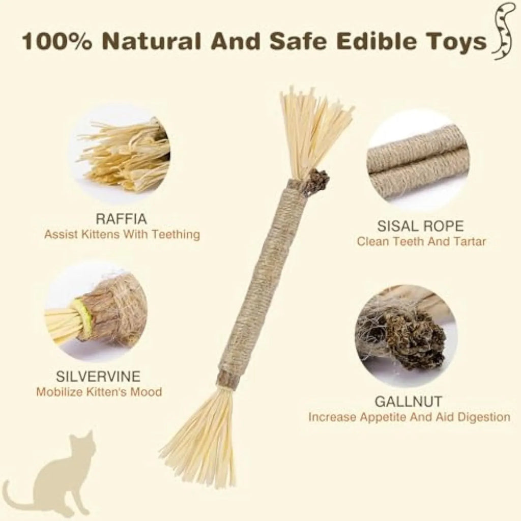 Natural silvervine cat chew sticks with sisal rope and raffia in thick and fine diameters