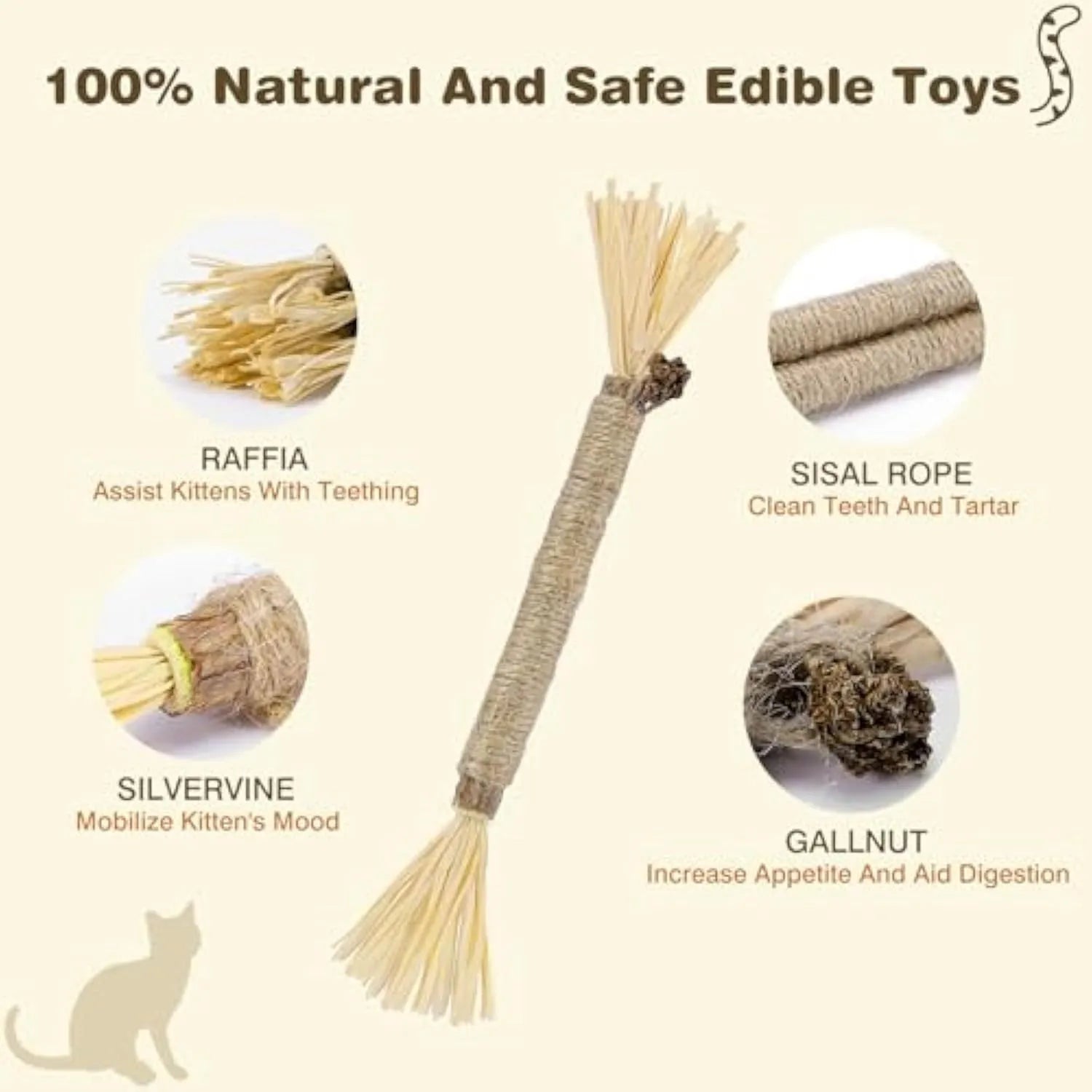Natural silvervine cat chew sticks with sisal rope and raffia in thick and fine diameters