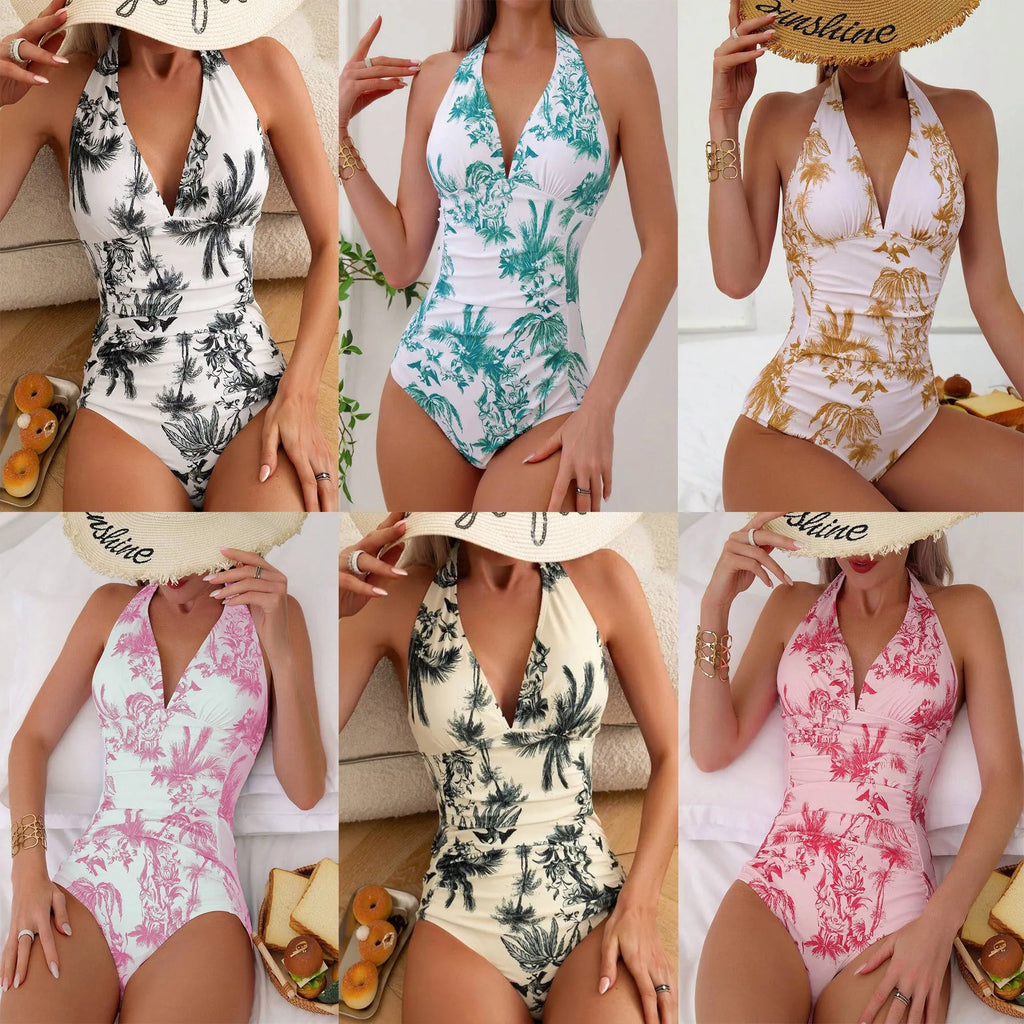 Women's printed V-neck one-piece swimsuit showing colour options including apricot, emerald and rose red