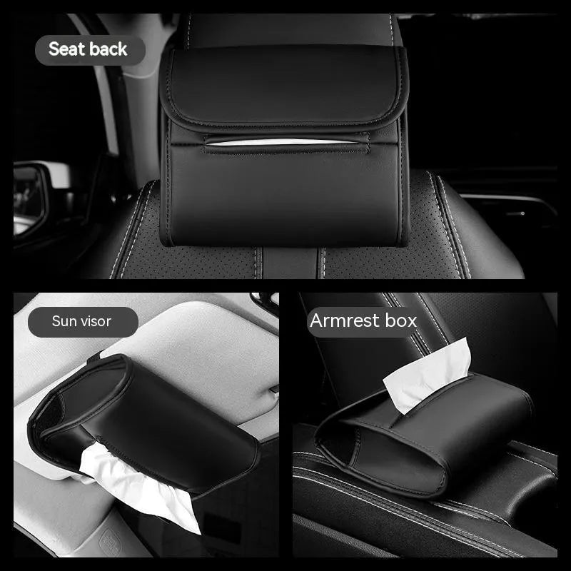 Leather car tissue box holder with elastic band mounting in five colour options