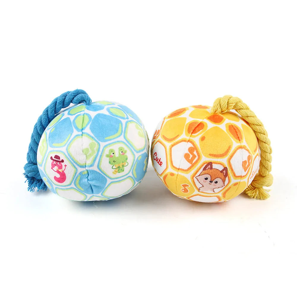 Blue and yellow elastic football dog toy with cotton rope construction for teeth grinding and interactive play