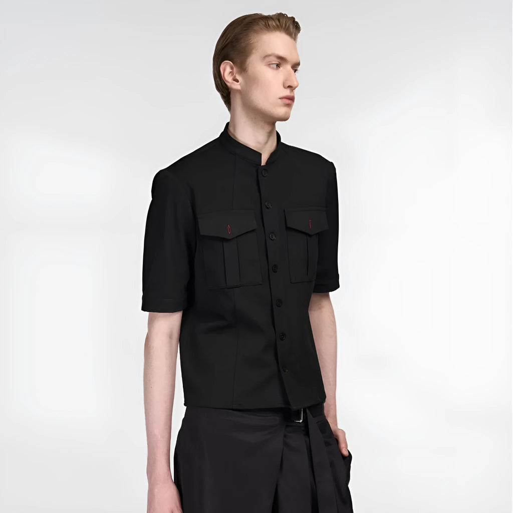 Black handmade hunting shirt with red eye design, half sleeves, and shirt collar