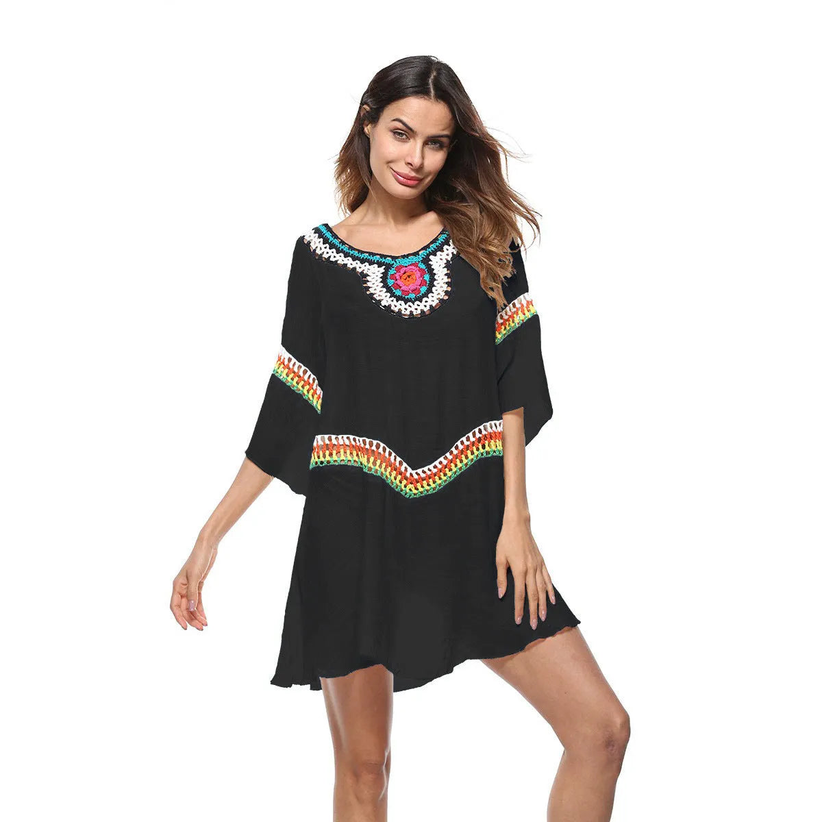 Crocheted ethnic style women's beach clothing in acrylic fabric for sun protection during swimming
