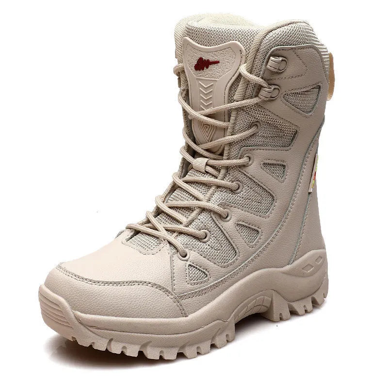 Men's cowhide hi-top hiking shoes in beige, a breathable platform sneaker for outdoor activities.