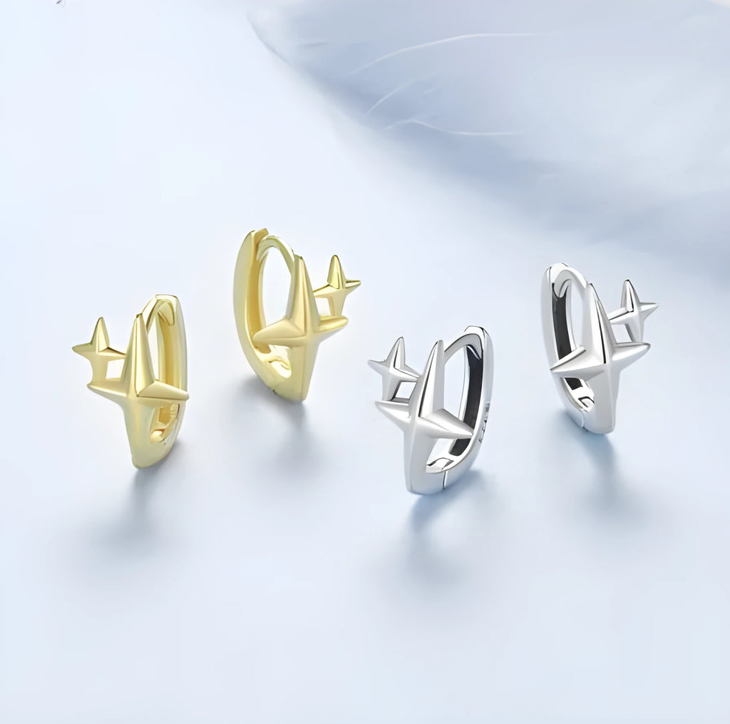 Sterling silver minimalist star ear clips with oxidised finish and XINGX symbol design