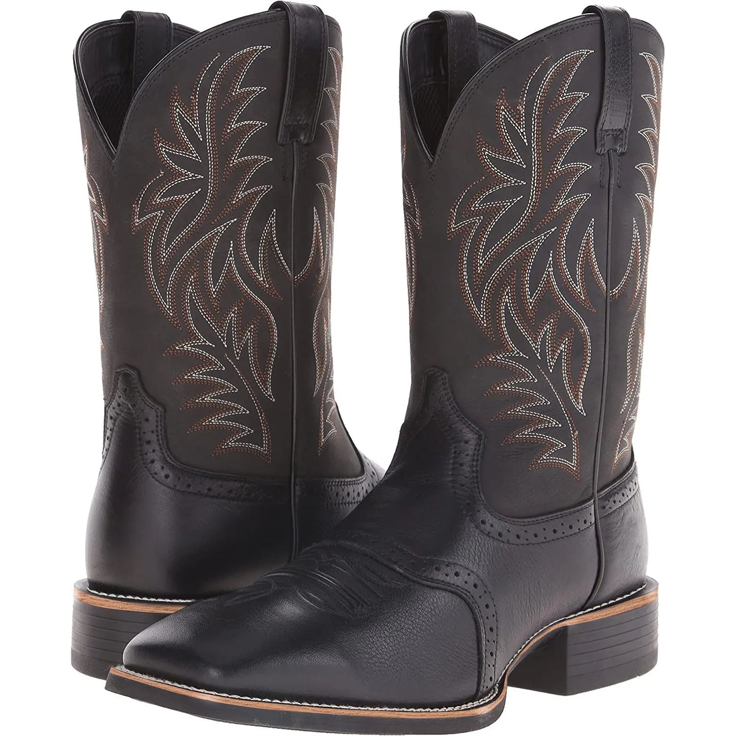 Men's black and brown Western cowboy boots with high embroidery stitching and wide square toe.