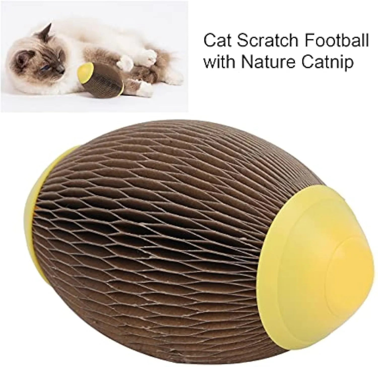 Ellipse-shaped catnip scratch ball made from brown recycled corrugated paper, shown with a pull-open cover.