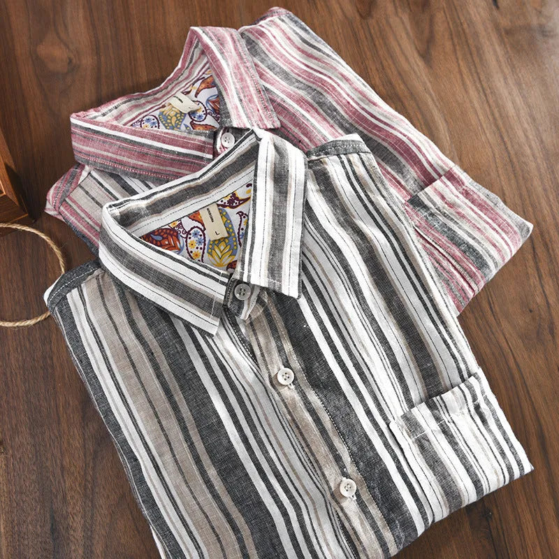 Men's striped linen casual shirt in loose fit with long sleeves