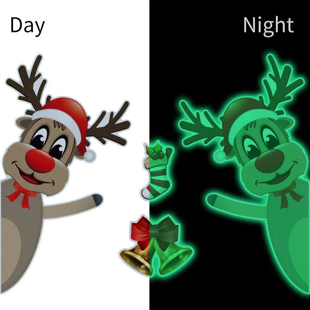 Set of magnetic Christmas elk bell cartoon design bumper stickers with reflective luminous finish.