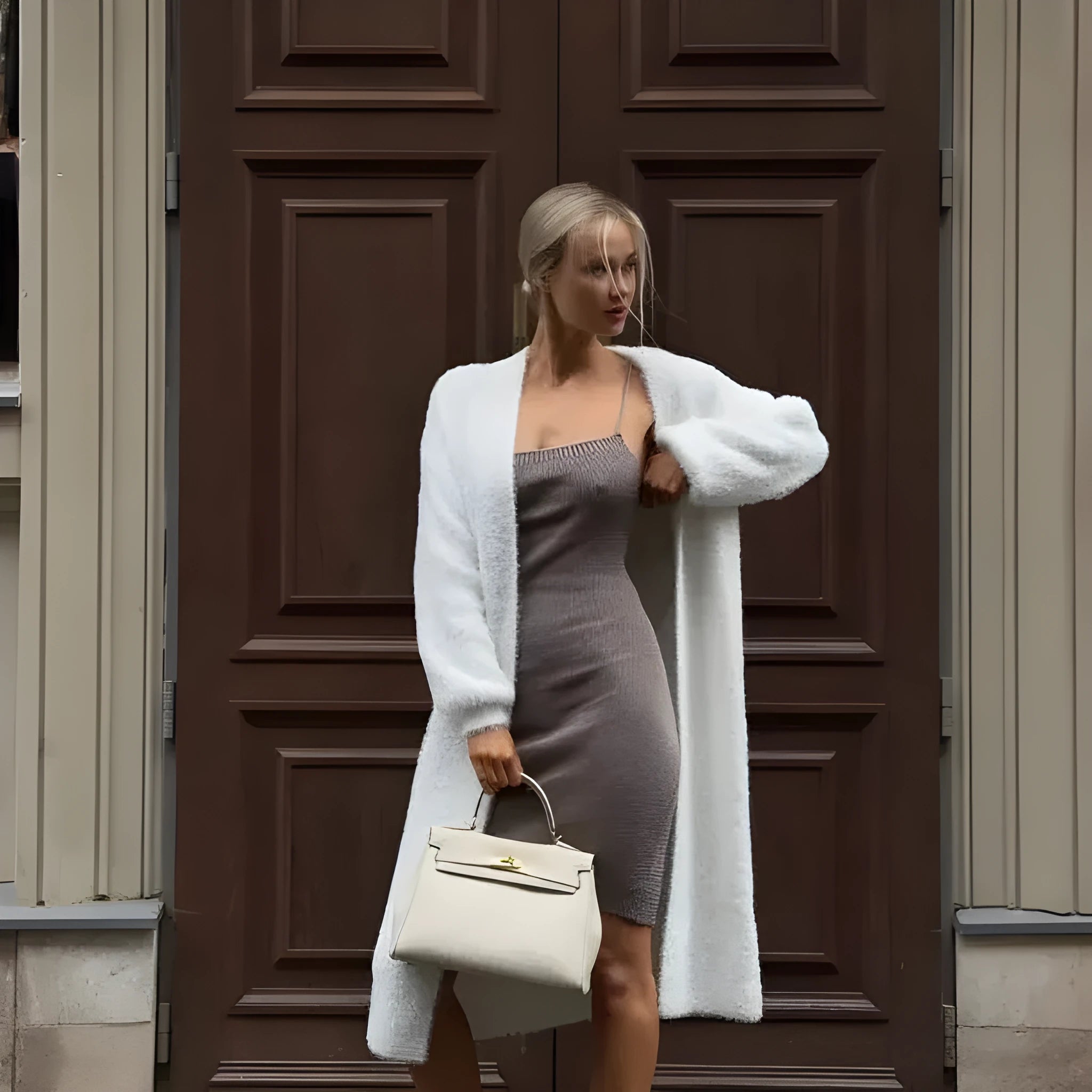 Women's long white knitted cardigan jacket with long sleeves shown open.