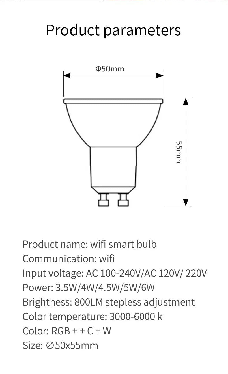 Smart RGBCCT GU10 spotlight with 5W LED, 50mm diameter, WiFi connectivity for voice control
