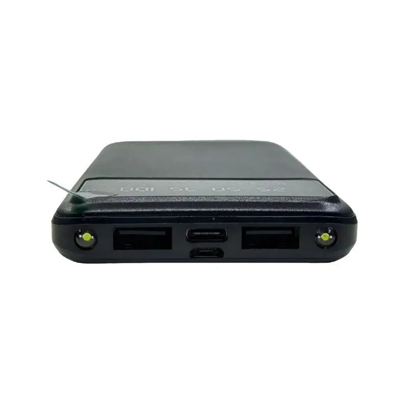Black ultra-thin power bank showing 10000mAh capacity and compact 67x14x140mm dimensions