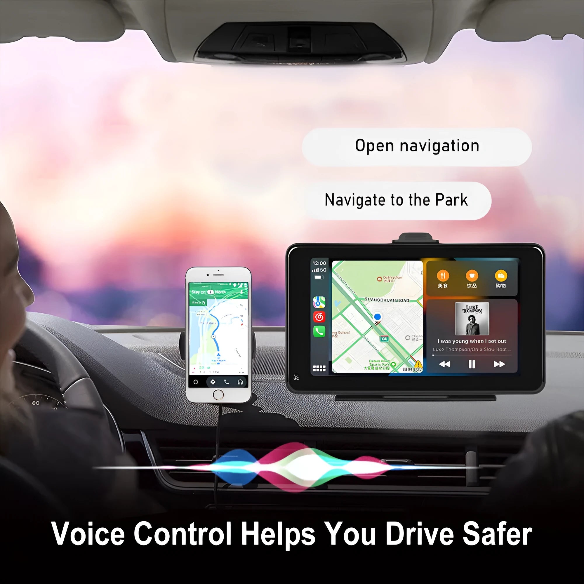 7-inch HD wired car screen player with universal support mounts on black background
