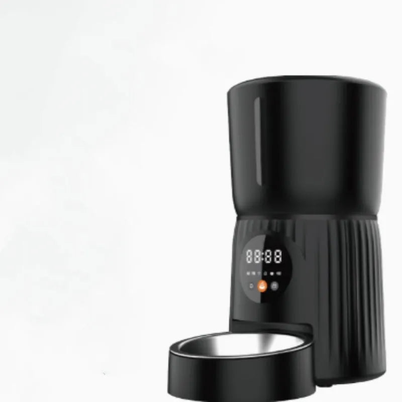 Black automatic pet feeder with digital display and food hopper for scheduled feeding