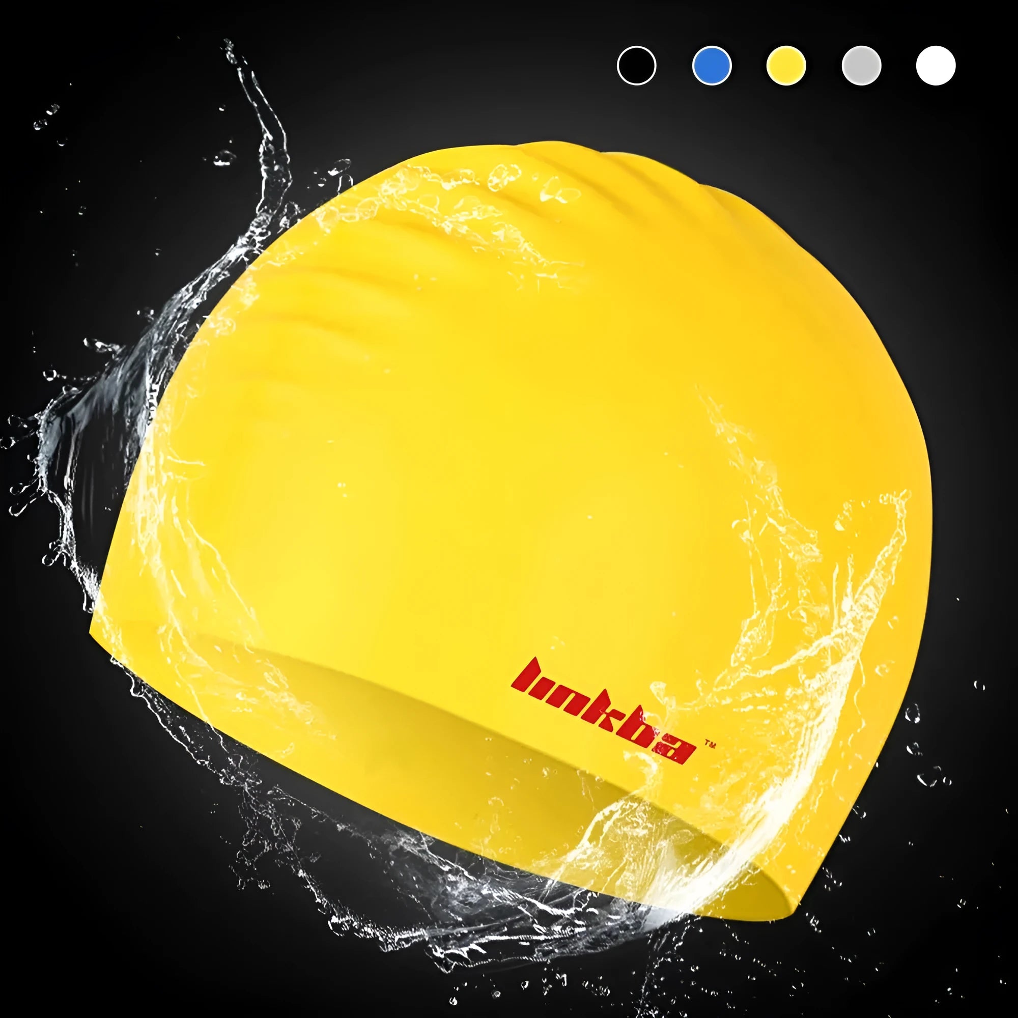Silicone swimming cap with integrated waterproof earmuffs in multiple colours featuring a printed letter pattern.