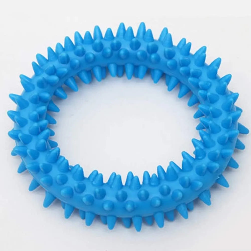 Blue TPR spiky circle ring dog chew toy for dental cleaning and bite training.