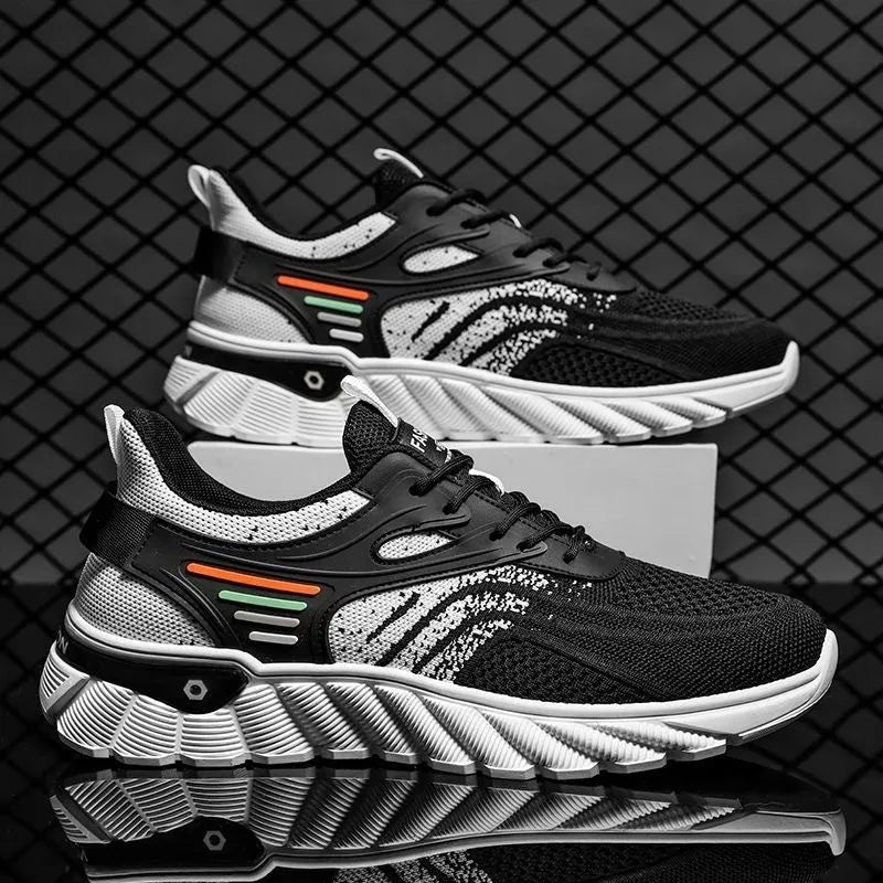 Men's white blue and black platform casual running shoes with cross straps and mesh upper.