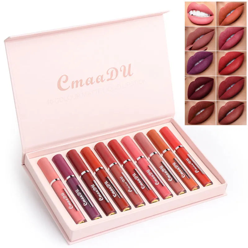 Women's non-stick cup waterproof matte lipstick 10-pack in photo colour with box dimensions 23.8x14.7x2.5 cm