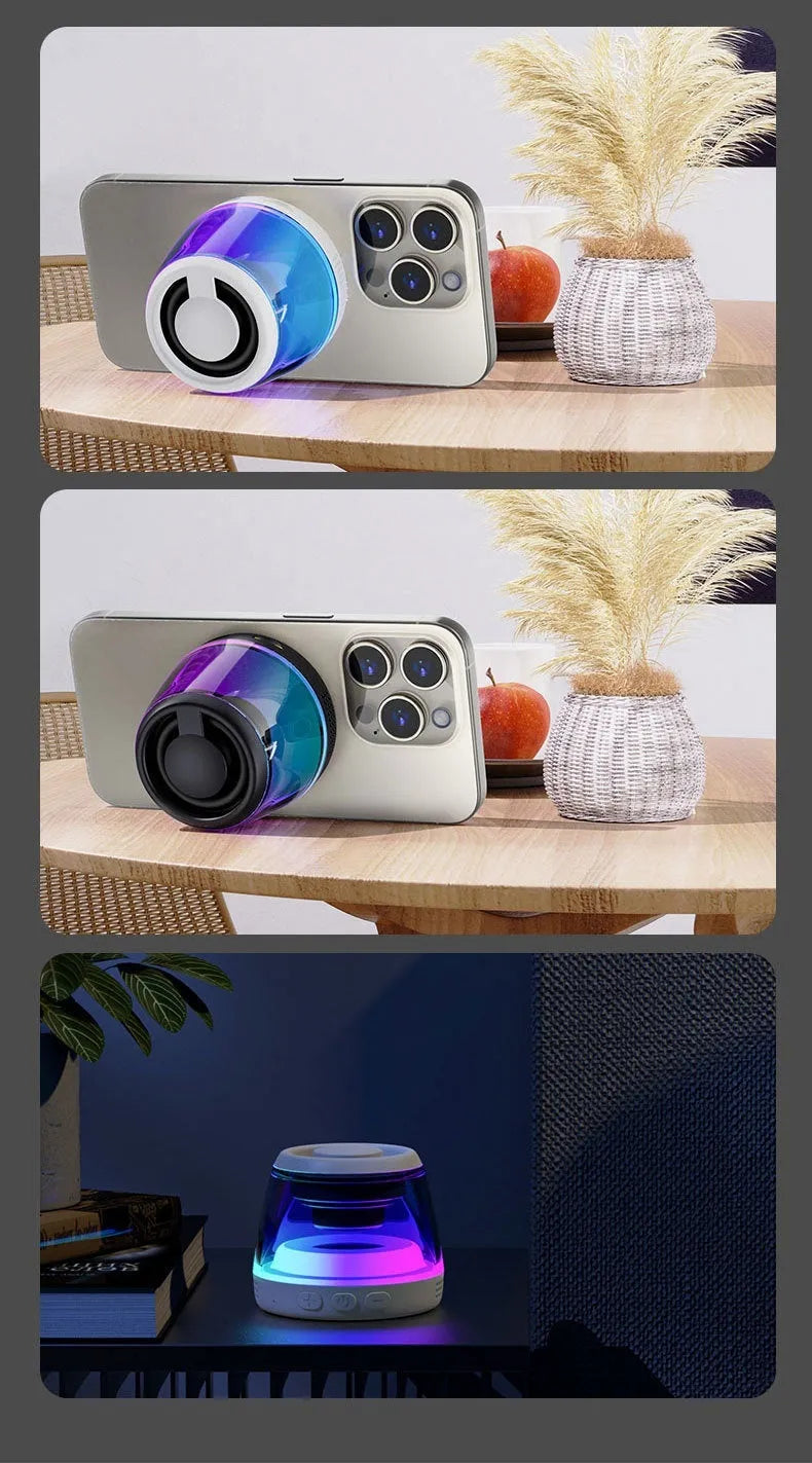 Small round portable wireless Bluetooth speaker with mood lighting in black or white colour, showing magnetic base.