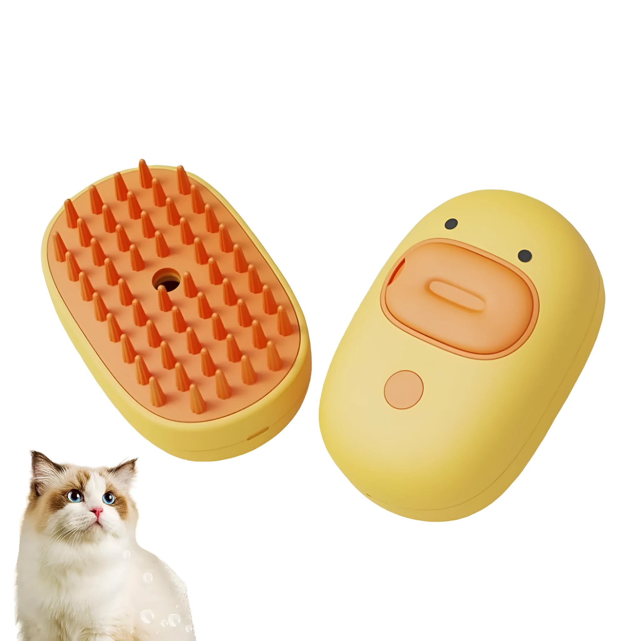 White silicone steam brush for pet grooming with rubber teeth and water tank.