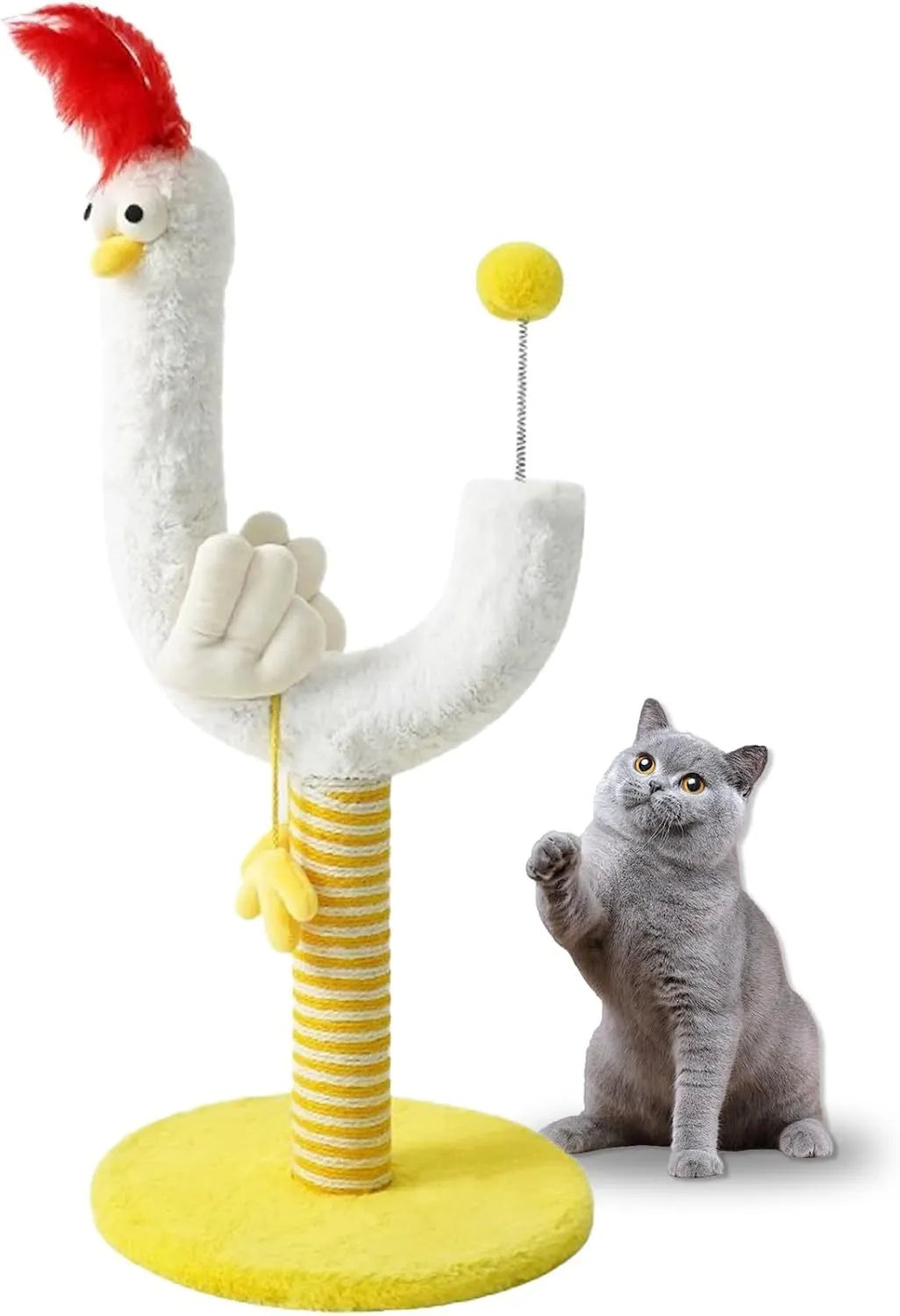 Yellow sisal rope cat scratching post with spring ball and chicken strip design